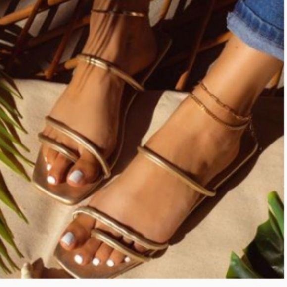 Shoes - Square Toe Strappy Slide Sandals in Light Gold